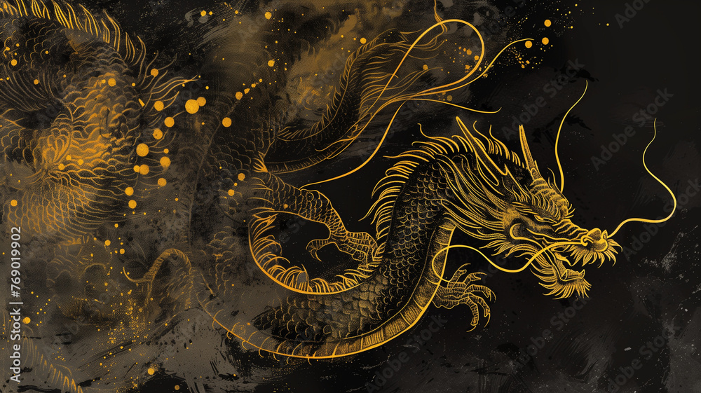 Golden Chinese dragon illustration on black, a powerful Asian cultural and mythological symbol