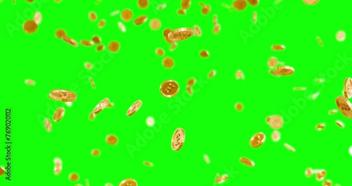Gold coins with British pound sterling symbol falling down with depth of field - 3D Render - Green screen video