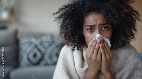 A concerned individual holds a tissue to their nose, showing signs of a cold or flu.