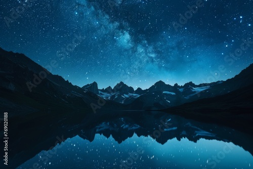 A mountainencompassed lake sparkles under the electric blue night sky