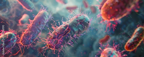 microscopic view of bacteria with cilia in a dynamic environment. Healthcare and medicine concept for banner and poster