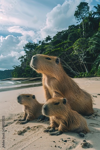 Hydrochoerus hydrochaeris. An adult large capybara and its cubs on the riverbank. Sweet moments with capybara family.