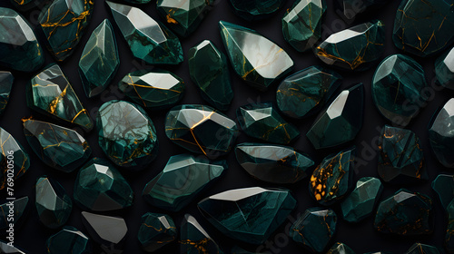 Top view, a banner with a harmonious combination of precious dark green stones or minerals with gilding, which fascinates with its naturalness and aesthetics. photo