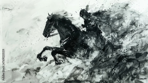 Monochrome ink wash painting of a warrior on horse. Chinese ink technique with expressive strokes.