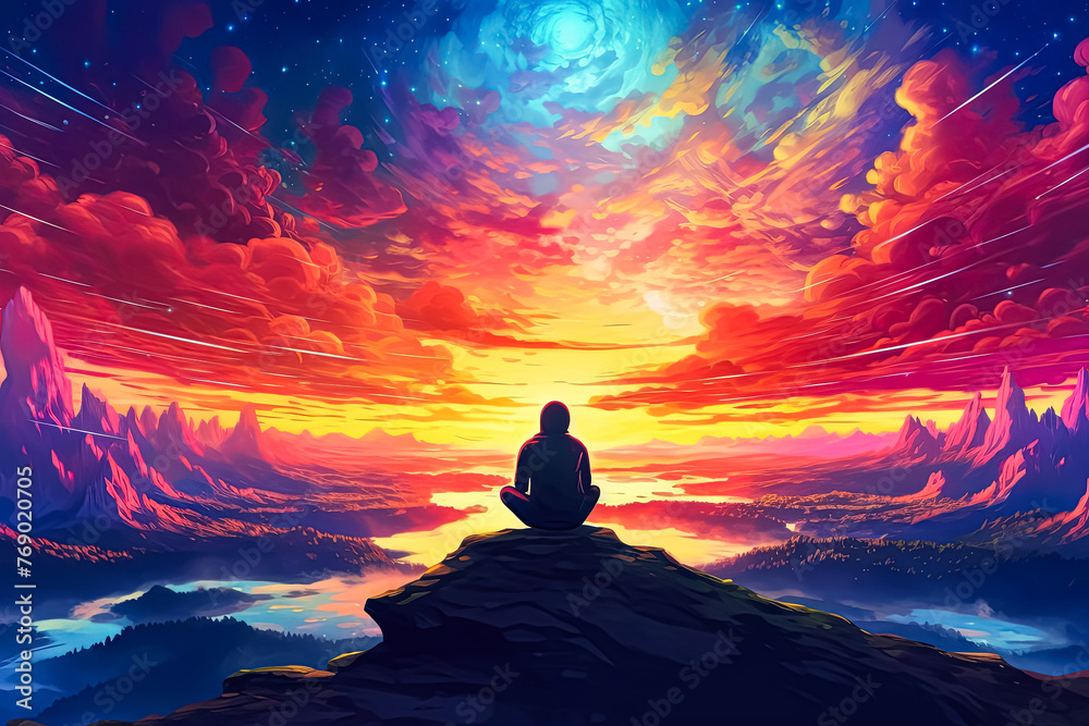 A man is sitting on a bench in front of a colorful sky.