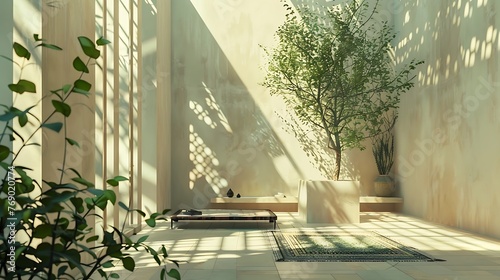 a minimalist artist studio in AlUla, Saudi Arabia, with a contemporary green theme and traditional Saudi patterns in the details, bathed in soft morning light