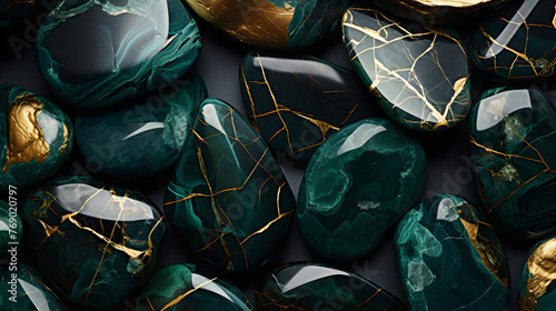 Top view, a banner with a harmonious combination of precious dark green stones with gilding, which fascinates with its naturalness and aesthetics. photo