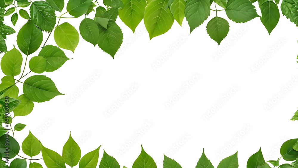 Fresh green leaves forming a frame isolated on white background. Natural border perfect for eco-friendly designs. High-quality image for your projects.