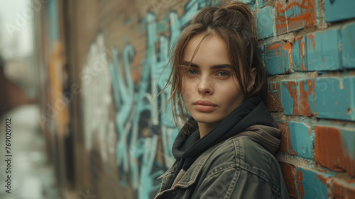 Young woman by graffiti wall. © SashaMagic