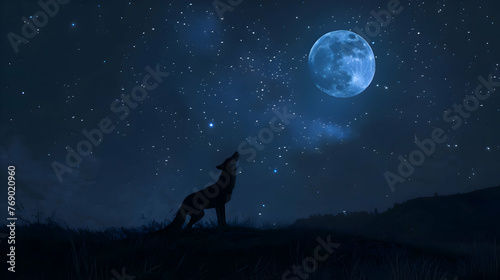 Coyote howling at the moon on a starry night