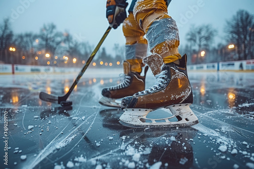 Close-up of an ice hockey player with a stick and a puck on ice