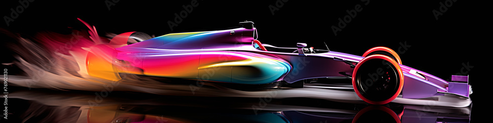 A colorful car with a rainbow design is shown in motion. The car is surrounded by a trail of smoke, giving the impression of speed and power. Concept of excitement and energy