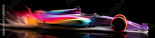 A colorful car with a rainbow design is shown in motion. The car is surrounded by a trail of smoke, giving the impression of speed and power. Concept of excitement and energy