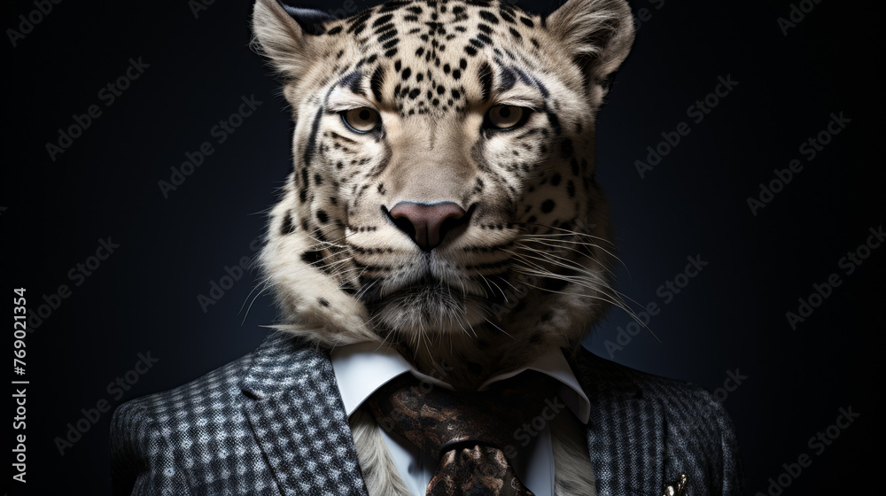 A man is wearing a suit and tie and has a leopard's face on his head. The image has a playful and humorous mood, as it is not a typical scene to see a man dressed in a suit - obrazy, fototapety, plakaty 