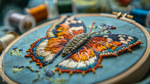 Embroidery butterfly design on hoop.