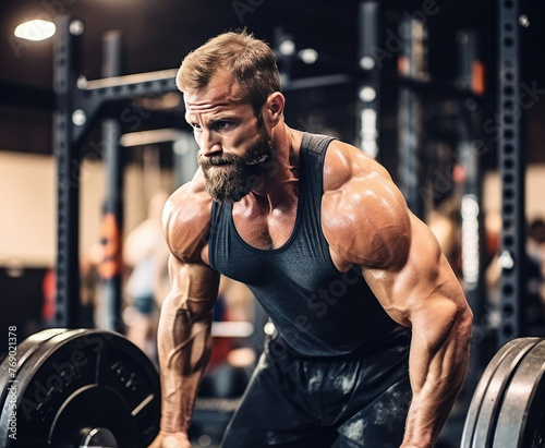 A man with a beard is lifting a barbell in a gym. Concept of strength and determination, as the man is focused on his workout