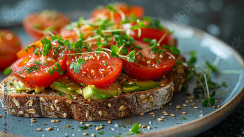 A plate of avocado toast with tomatoes and microgreens