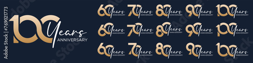 collection of 60 to 100th anniversary logotype design, with golden color for celebration event, wedding, greeting card, and invitation, vector illustration