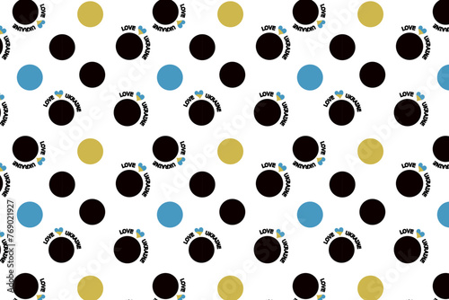 Seamless pattern. Black, blue and yellow circles on a white background. I love Ukraine. Blue and yellow heart. Flyer background design, advertising background, fabric, clothing, texture, textile patte