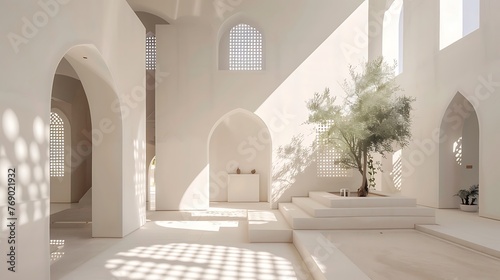 a minimalist yet vibrant artist studio in AlUla, Saudi Arabia, with a grey color scheme and traditional Saudi patterns as intricate details, beautifully illuminated by the morning sun
