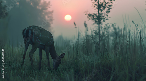 Crepuscular deer grazing at the edge of a fading sunset