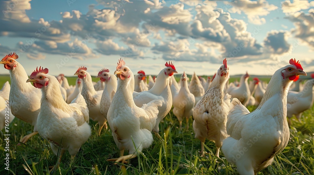 Fototapeta premium white chickens and ducks amid verdant fields against a backdrop of endless azure skies.