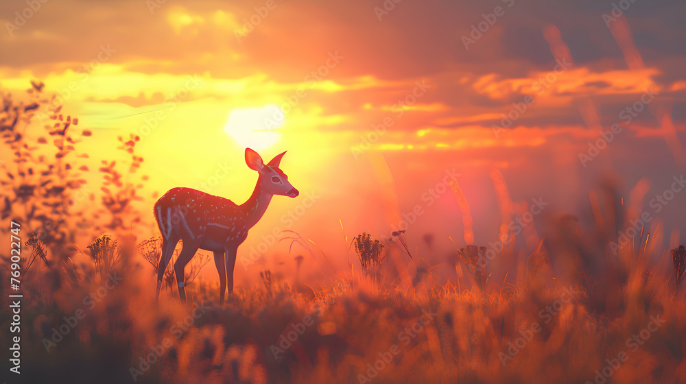 Crepuscular deer grazing at the edge of a fading sunset Crepuscular deer grazing at the edge of a fading sunset