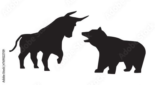 bull versus bear vector silhouette, concept of stock market exchange or financial technology business, the growing and falling concept