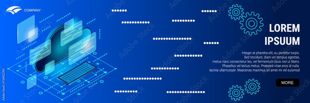Digital technology banner vector design template. Cloud data processing, information computing 3d isometric concept Digital technology banner vector design template. Cloud data processing, information computing 3d isometric concept
