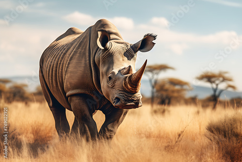 A solitary rhino strolls in the savanna, dust swirling around its massive frame