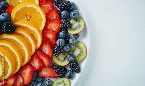 Sliced fruits and berries on plate on white table, with empty copy space
