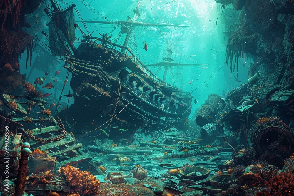 A sunken shipwreck filled with lost treasures and deadly sea creatures - obrazy, fototapety, plakaty 