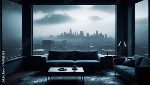 A living room with a couch and a coffee table in front of a window with the city view in the background. photo