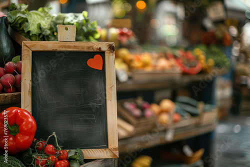 A chalkboard sign, standing in front of colorful vegetables and fruits at an organic market stand. AI Generated © Suvorova