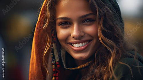 Portrait of a beautiful young girl of oriental origin, with dark clear skin, a beautiful smile, snow-white teeth. National clothes. Close-up