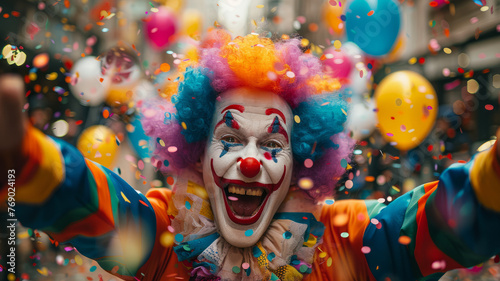 Clown with colorful wig and makeup smiling at a festival.