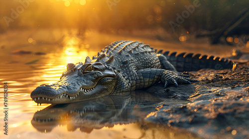 Crocodile basking lazily on muddy riverbank under golden sun