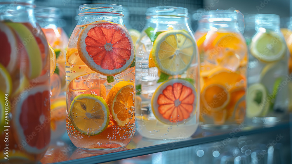 Jars of infused water with citrus slices Jars of infused water with citrus slices