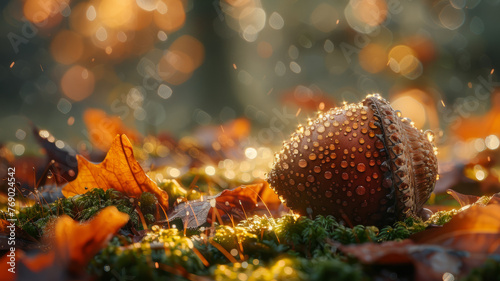 An acorn resting among leaves on a forest floor