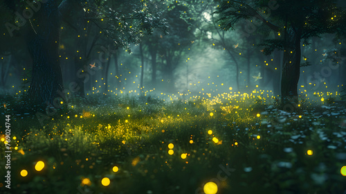 Dazzling fireflies illuminating a tranquil forest clearing at night © Muhammad