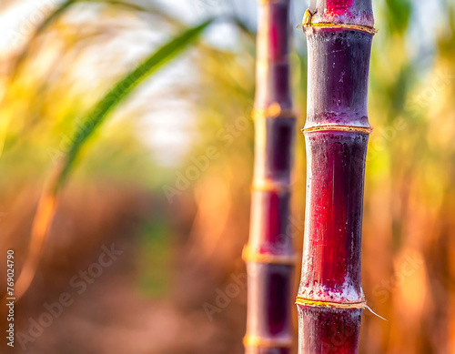 A detailed close-up shot capturing the vibrant purple hues of sugar cane stalks with a blurry background highlighting the natural beauty