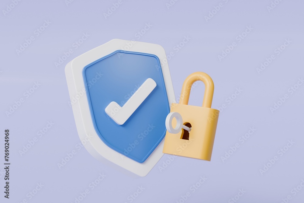 3d Lock and shield with checkmark and password icon. Security protection concept. Data protection, private access. Minimal cartoon padlock with shield isolated on purple background. 3d rendering. 3d Lock and shield with checkmark and password icon. Security protection concept. Data protection, private access. Minimal cartoon padlock with shield isolated on purple background. 3d rendering.