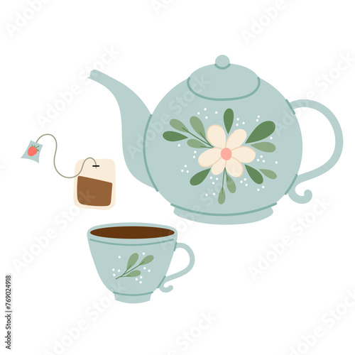 Ceramic blue teapot with cup in flat style. Tea, breakfast, morning. The teapot is decorated with floral painting.