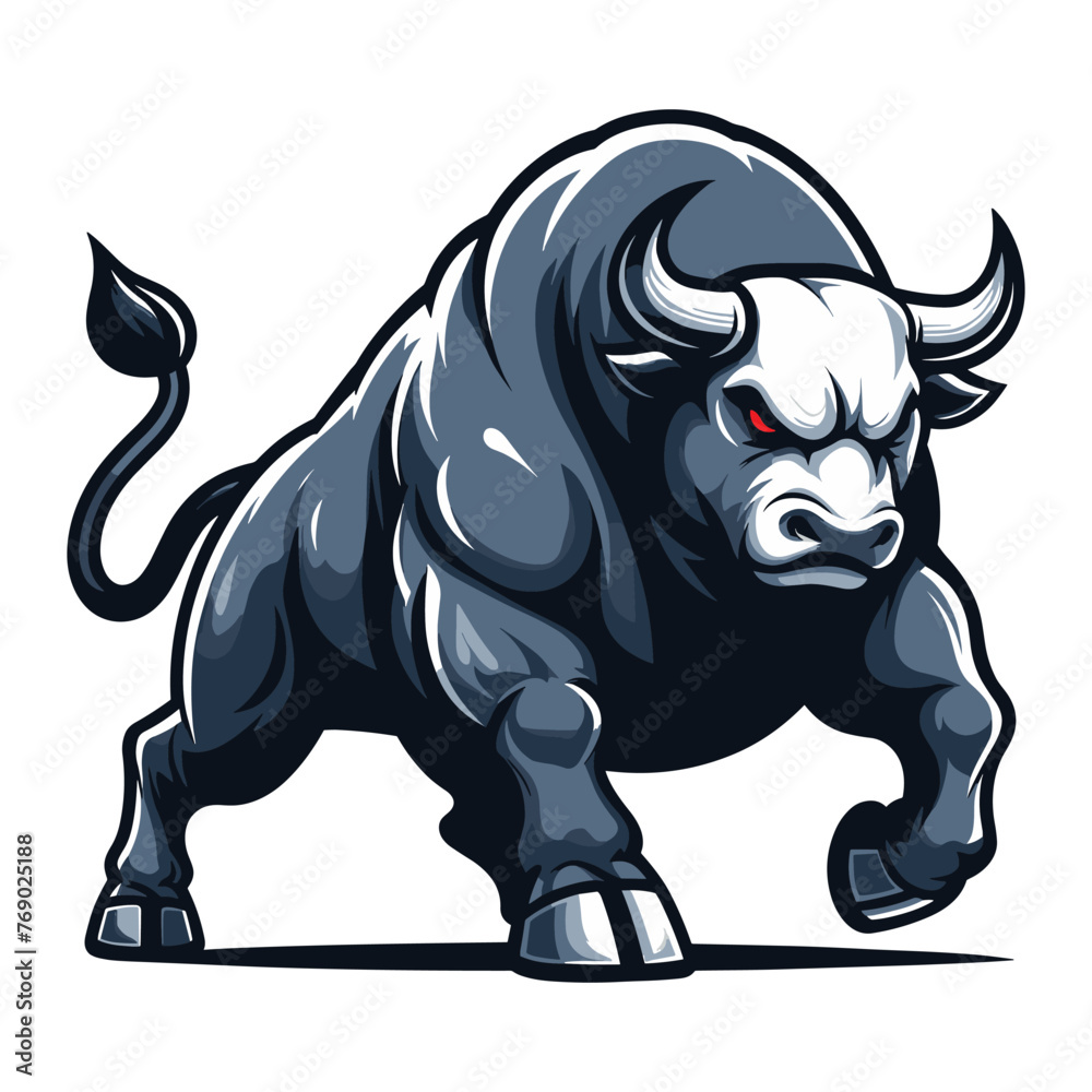 Fototapeta premium Strong bull full body design mascot illustration, farm animal or butcher shop graphic template, angry horned bull concept, vector isolated on white background