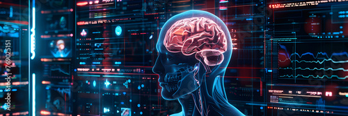 Abstract technology background with human brain Futuristic Learning Holographic Human Anatomy Showcase with blue lights background.