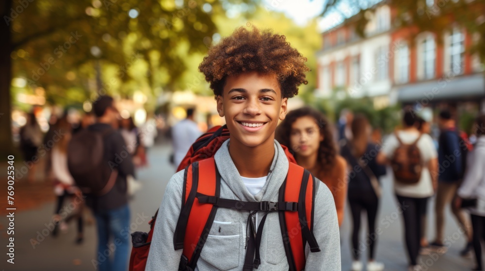 Photo of a glad, smiling young male student. Boy with a backpack ready to start studying university international exchange program summer holidays outdoors with a group of students in the background Photo of a glad, smiling young male student. Boy with a backpack ready to start studying university international exchange program summer holidays outdoors with a group of students in the background