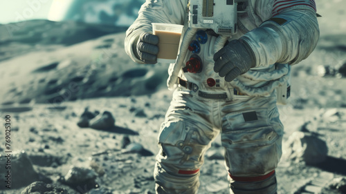 An astronaut holds a glass of coffee on the Moon. Funny fictional story
