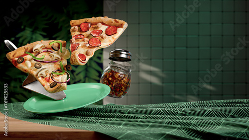 Meat Lovers and Veggie Slices of Pizza Float in Air - 3d render (ID: 769025533)