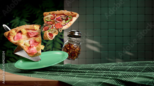 Supreme and Hawaiian Slices of Pizza Float in Air - 3d Render (ID: 769025534)
