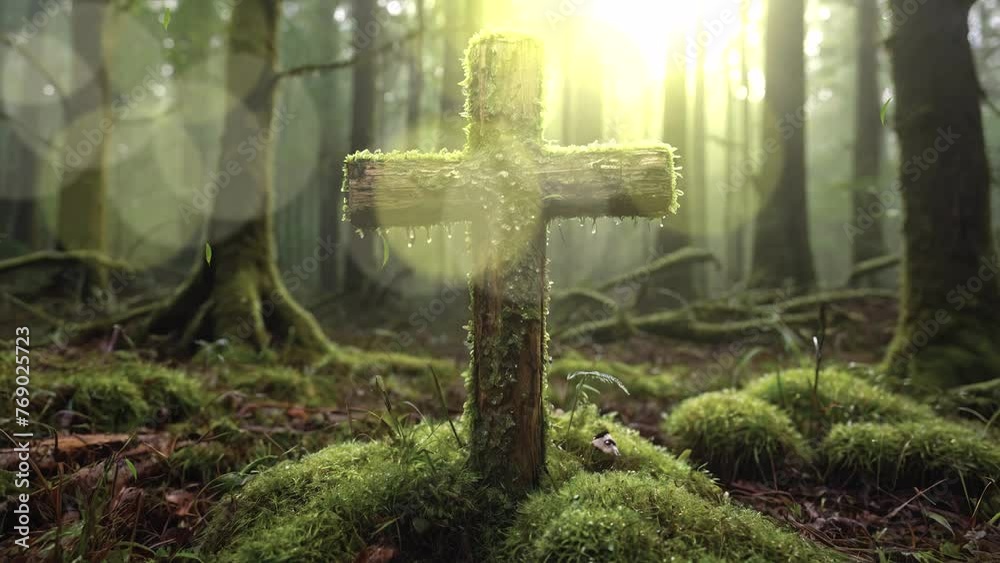 Discover the somber elegance of an old and rough-hewn grave monument, its mossy cross a symbol of remembrance and reverence in the serene depths of the forest, depicted in stunning 4K looping footage. Discover the somber elegance of an old and rough-hewn grave monument, its mossy cross a symbol of remembrance and reverence in the serene depths of the forest, depicted in stunning 4K looping footage.